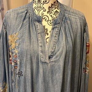 Anthropologie Karyn Seo Floral Embroidered Denim Mini Dress Size Large